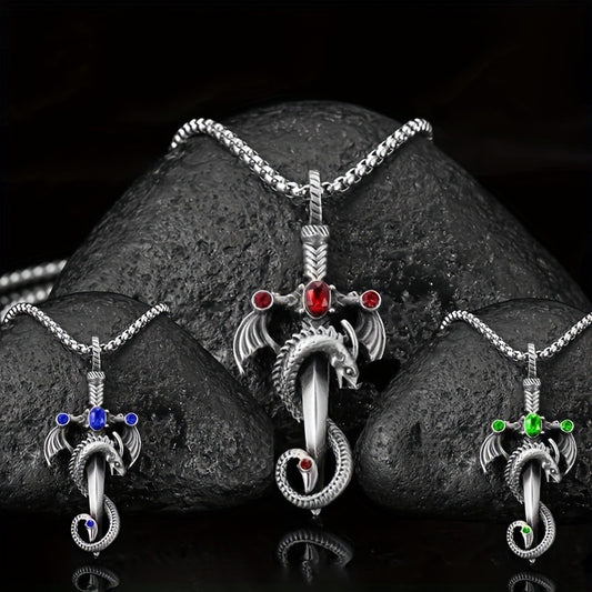 Foreign trade hot sale multicolor gemstone dragon sword stainless steel chain necklace men's vintage punk gothic jewelry wholesale drop shipping