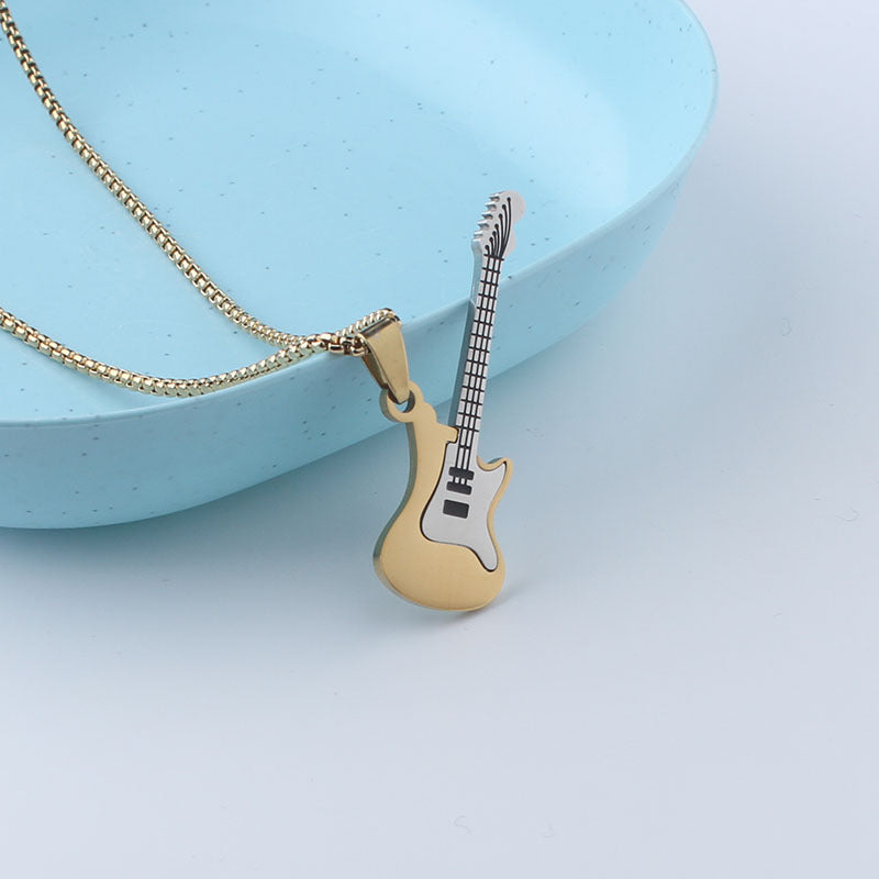 Guitar necklace men's hip hop titanium steel pendant men's and women's rock 'n' roll personality jewelry pendant sweater chain stainless steel jewelry