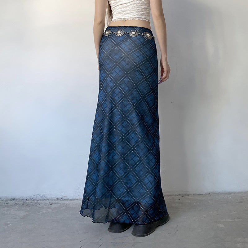 European and American retro style pattern contrast print mesh skirt cross-border low-waisted slim fungus side straight hip skirt