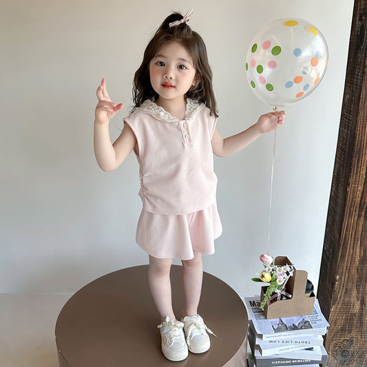 Girls' summer vest set 2025 new foreign style children's lace sleeveless two-piece set baby summer clothes trend