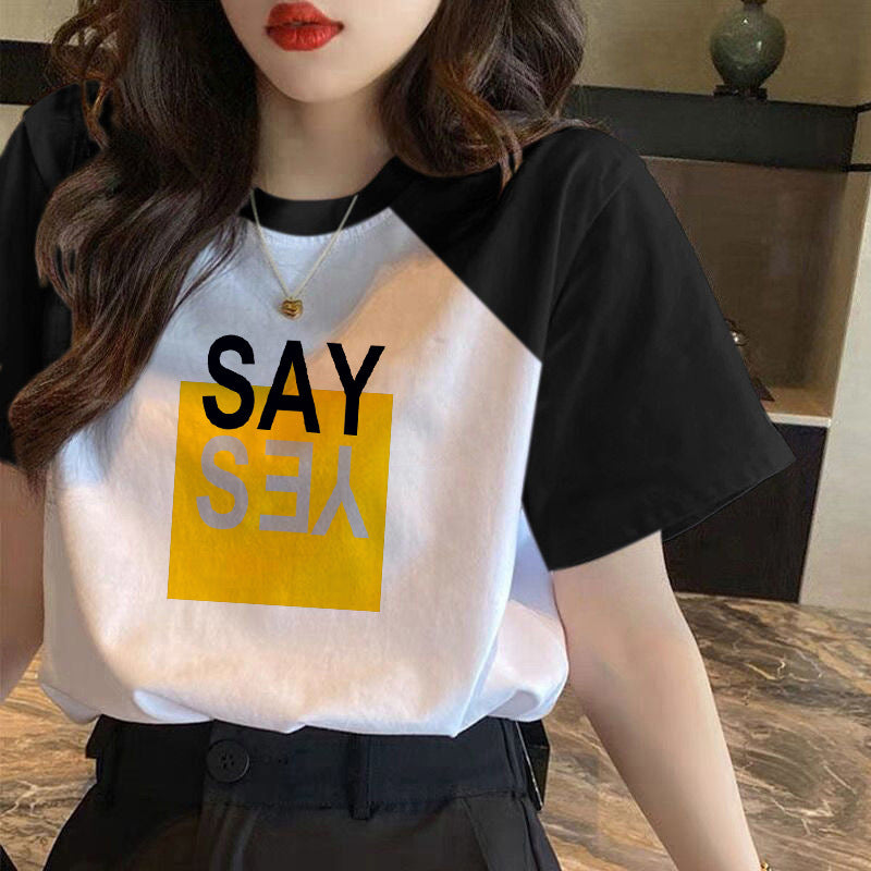 100 cotton contrasting short sleeve t-shirt women's 2024 new spring and summer loose body shirt versatile top ins tide girl