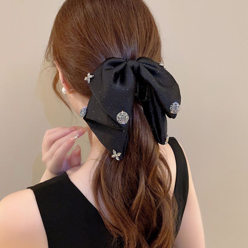 Vintage satin bow grab clip women's high-end temperament elegant low ponytail clip back of the head clip headwear hairpin