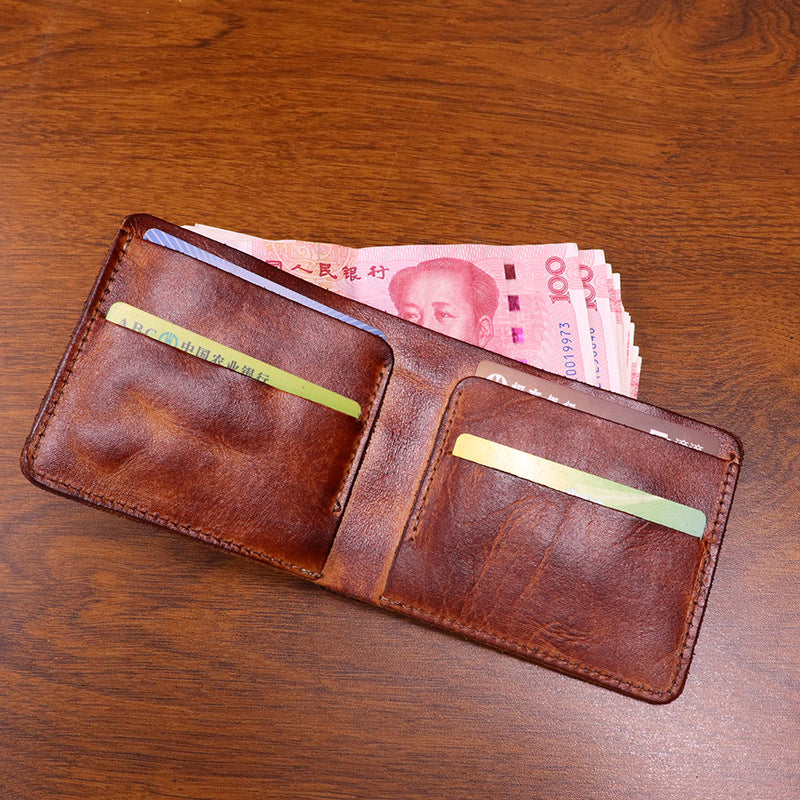 New Japanese vegetable tanned leather wallet men's retro hand-rubbed color old big banknote cowhide wallet simple student wallet