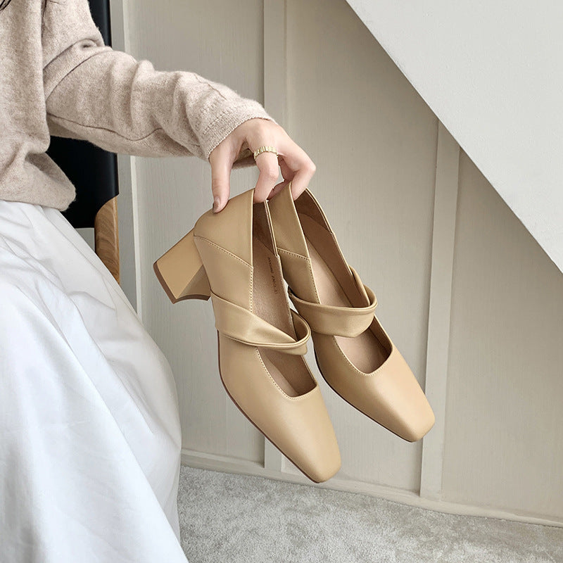 【Wang Xiaopoison】In the Mood for Love, Square Toe, Mary Jane Women's Shoes, High Heels, Block Heels, Small Leather Shoes, One Strap Single Shoes