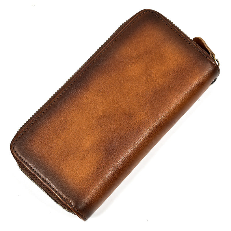 Men's Crazy Horse Leather Long Wallet Leather Zipper Wallet Double Cowhide Clutch Bag Vintage Casual Clutch Bag