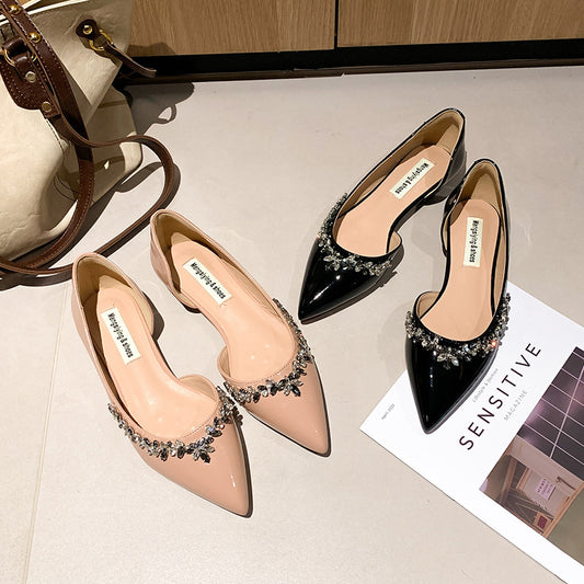 French pointed toe side hollow single shoes women's 2025 new spring and summer temperament light luxury nude pink rhinestone patent leather flat women's shoes