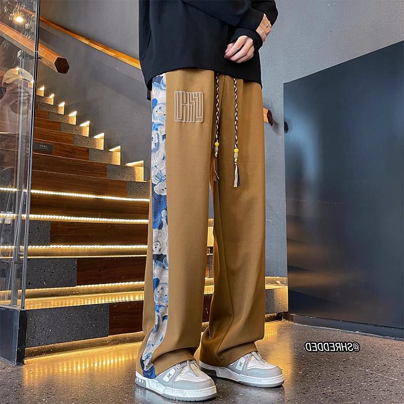 Cross-border new loose casual pants men's trend versatile pants autumn new pendant velvet mopping trousers apricot color