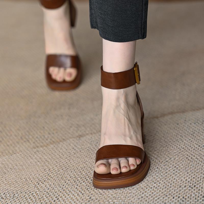 Mr. M Sandals Women's Summer Mid-Heel Platform French Retro Zip Block Heel Straight Buckle Roman Pumps