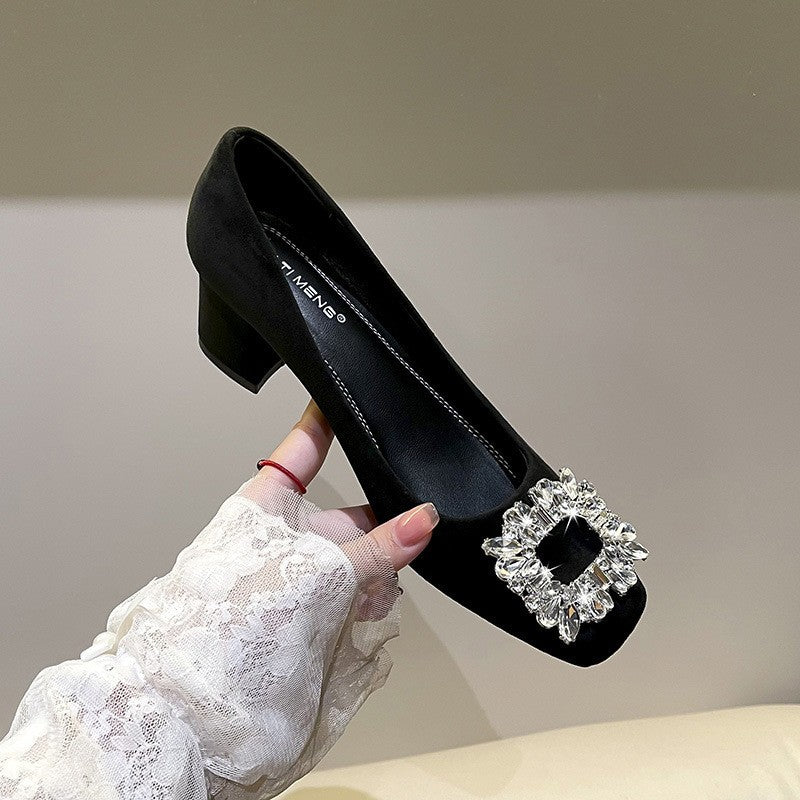 Black suede commuter high heels women's 2025 spring and autumn new square toe thick heel shallow rhinestone professional French shoes