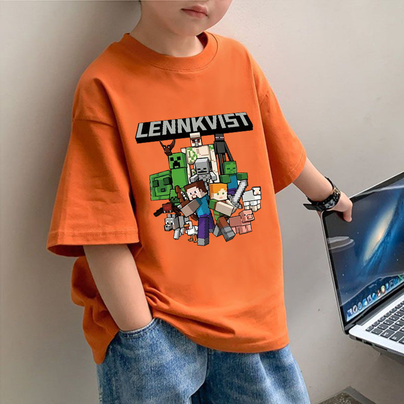 Cotton new boys short sleeve T-shirt summer minecraft print children's loose tide big kids loose top