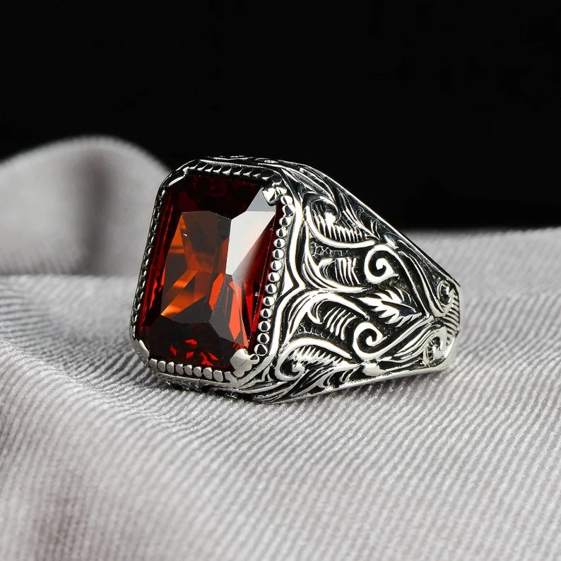 He is a silver new ring personality fashion European and American creative set square red zircon men's dating ring