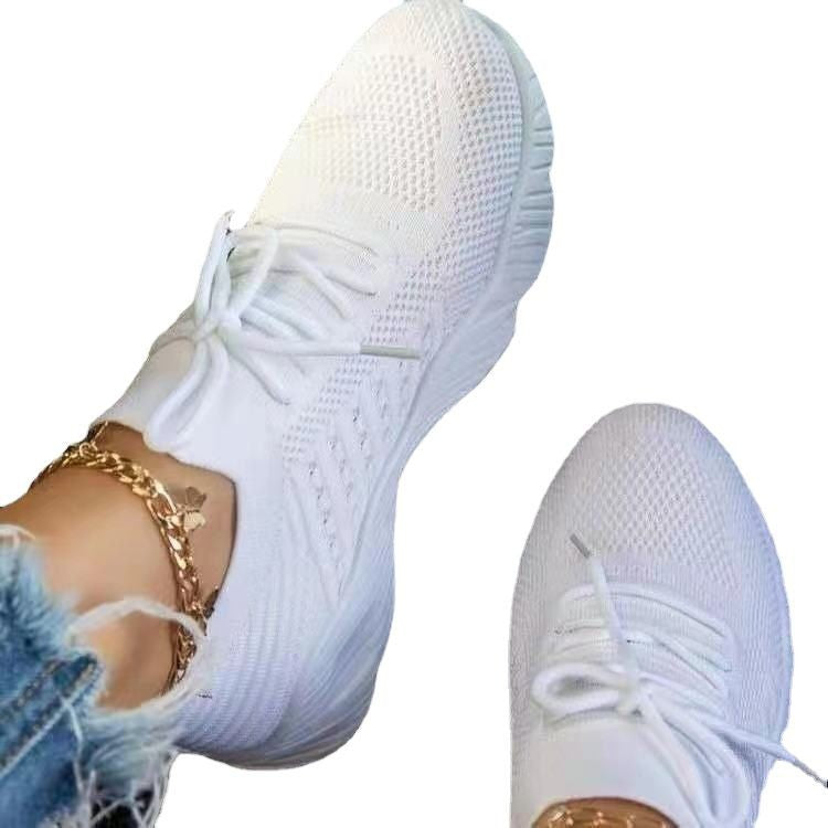 2022 new foreign trade large size women's shoes sports shoes women's lace-up mesh thick-soled casual flying woven shoes breathable low-heeled shoes