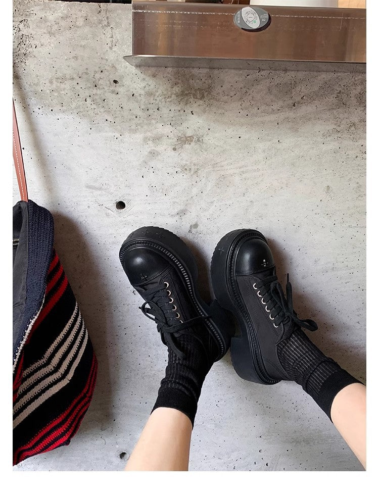 Grape mom has the same style as the big round toe 7cm thick sole heightening lace-up round toe white shoes casual canvas shoes for women autumn and winter