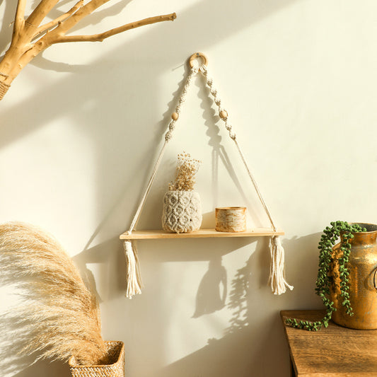 Pomesia hand-woven fringed wooden bead flower pot shelf simple homestay living room home wall pendant