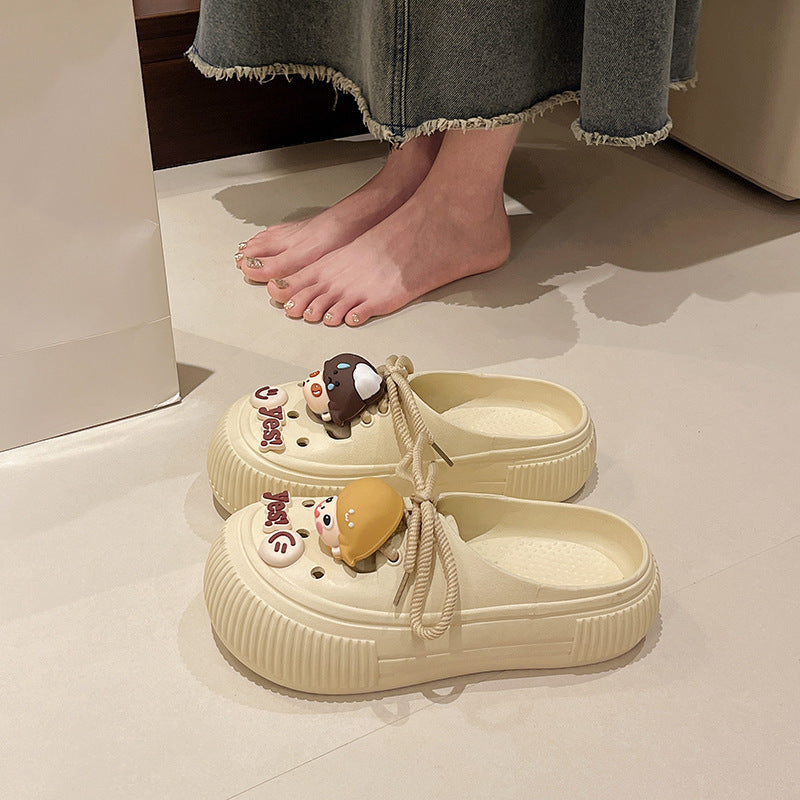 Cute bow lace hole shoes female summer students wear heightened thick-soled toe non-slip sandals indoors and outdoors