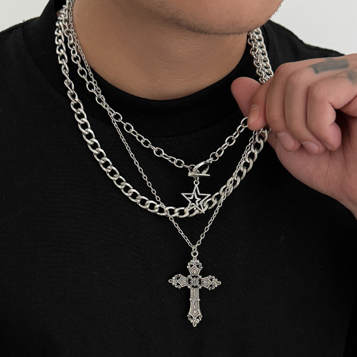 European and American trinkets Vintage hip hop rock thick chains Mangstar flame multi-layer men's necklaces women's necklaces