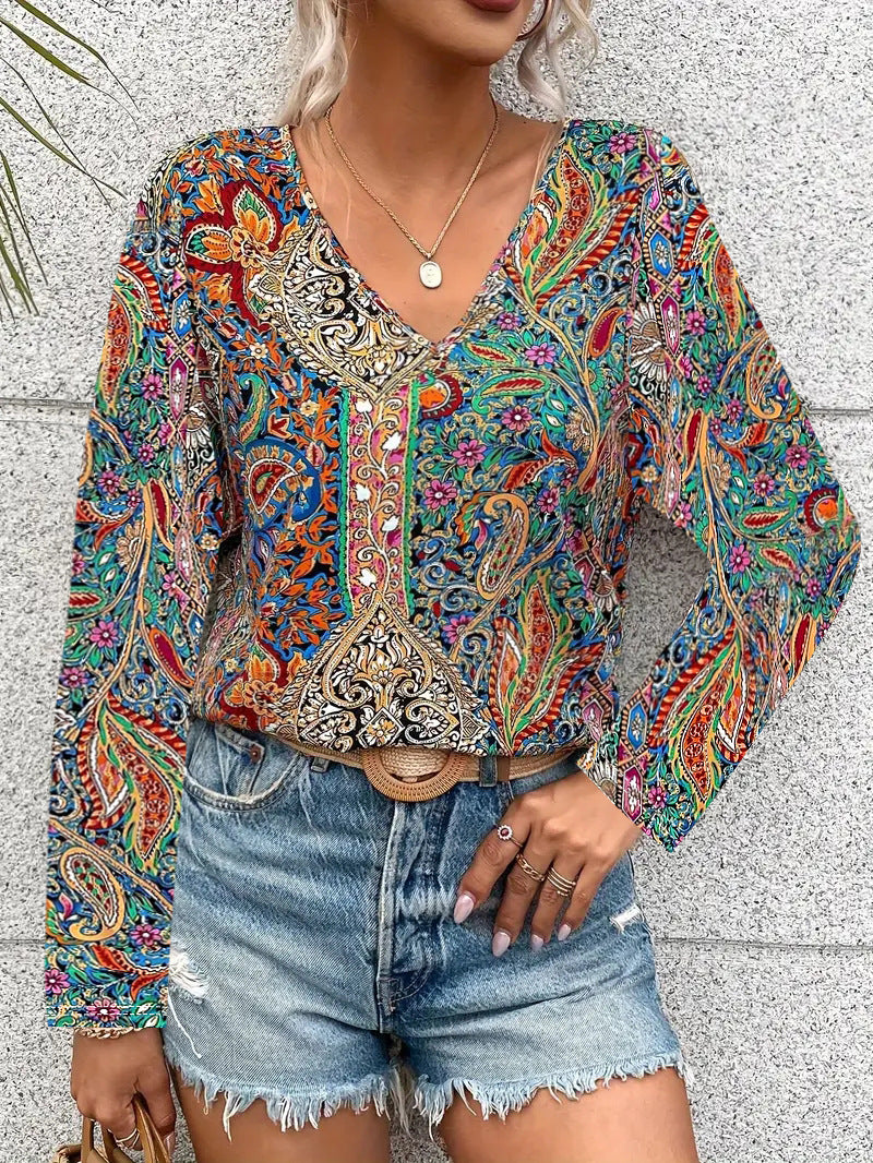2025 European and American New Hot Selling Women's Boho Shirt Paisley Print V-Neck Long Sleeve Shirt Women's Wear