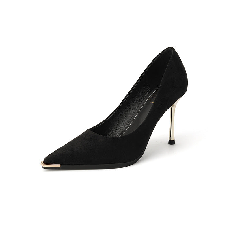 Naipai French Single Shoes Black Pointed Toe Heels Women's Stiletto Heels New Spring 2024 Professional Metal Decorations