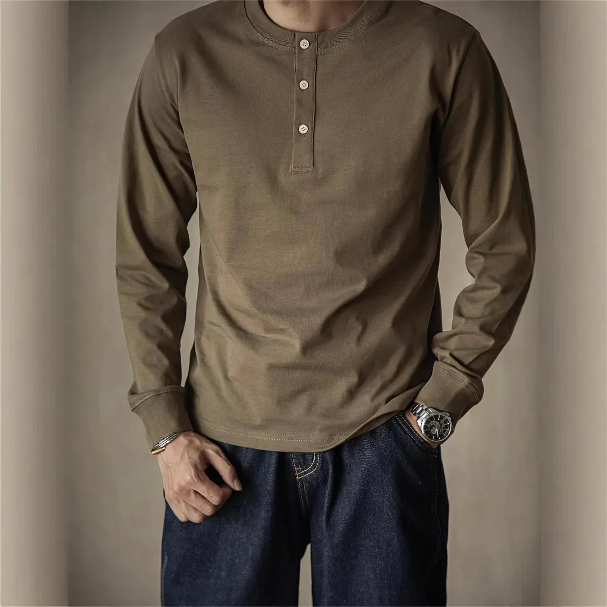 American retro 320g heavy henry shirt slim cotton T-shirt long sleeve loose base shirt click tough guy man autumn