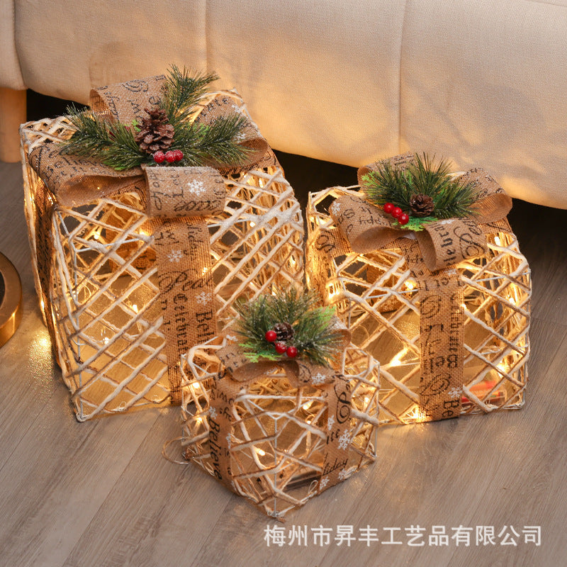 2023 New Cross-border Supply Luminous Three-Piece Christmas Decoration Box Christmas Wrought Iron Ornaments Flocking Gift Box