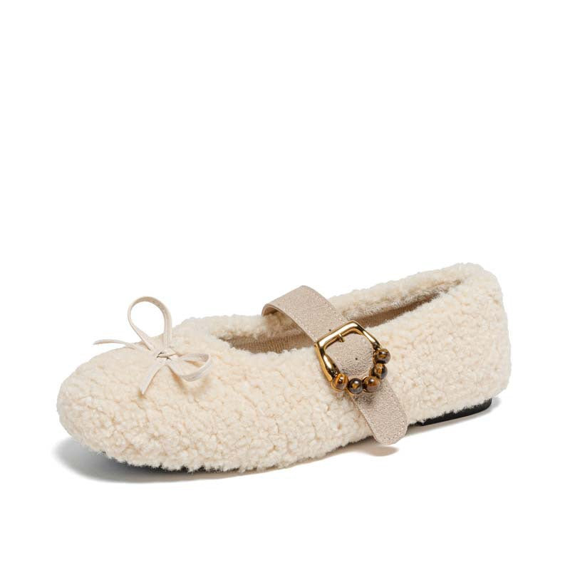 9727 Korean bow cashmere wool shoes women's 2025 autumn and winter new flat one-button Mary Jane shoes