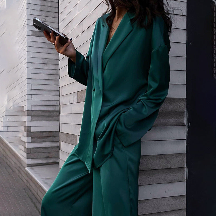 European and American ins style 2025 new fashion casual drape satin suit trousers two-piece set women's high-end wholesale