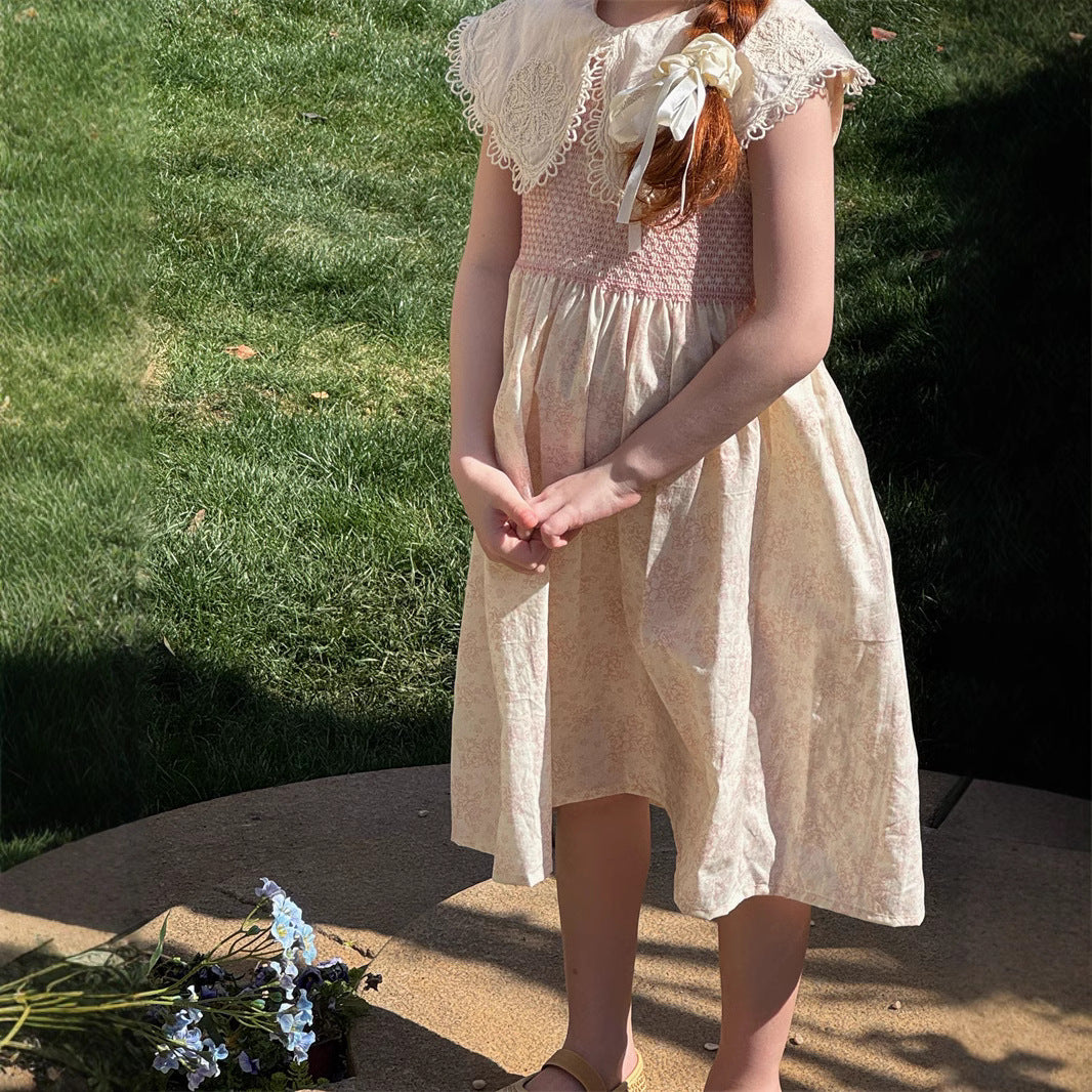 Orange Le 25 Summer Girls Lapel Sleeveless Floral Dress Girls Pick Up Heavy Industry Vintage Skirt