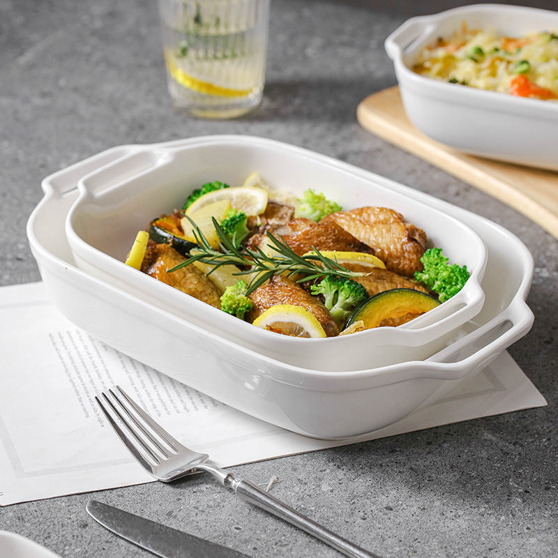 Simple pure white ceramic rectangular amphora baking dish cheese baking bowl high temperature resistant home baking bowl snack bowl steamed fish plate