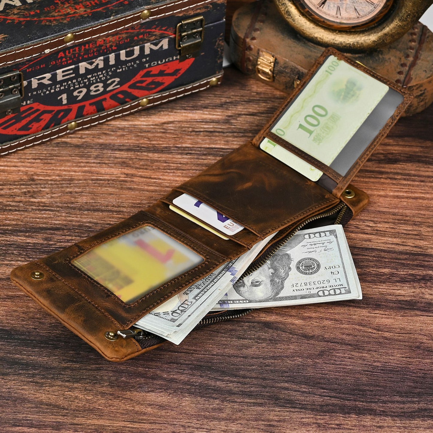 Top layer Crazy Horse leather cowhide foreign trade hot sale men's retro practical hand latte chain short wallet wallet 1003