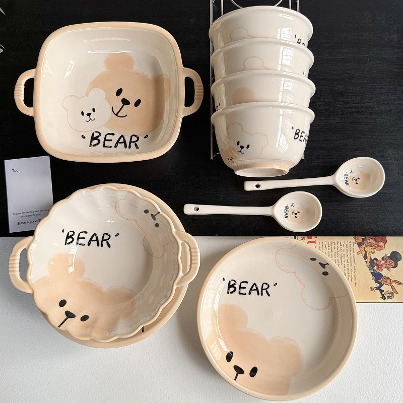 Cartoon Cute Bear Ceramic Dishes Tableware Home Kids Small Bowl Snack Saucer Yogurt Bowl Cute Bowl Plate Set