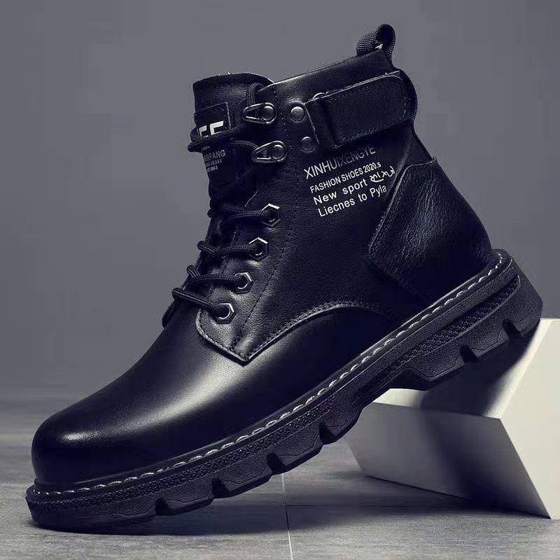 2022 New Fall/Winter Fleece Martin Boots Men's Mid-Top British Casual Platform Black Cargo Leather Boots