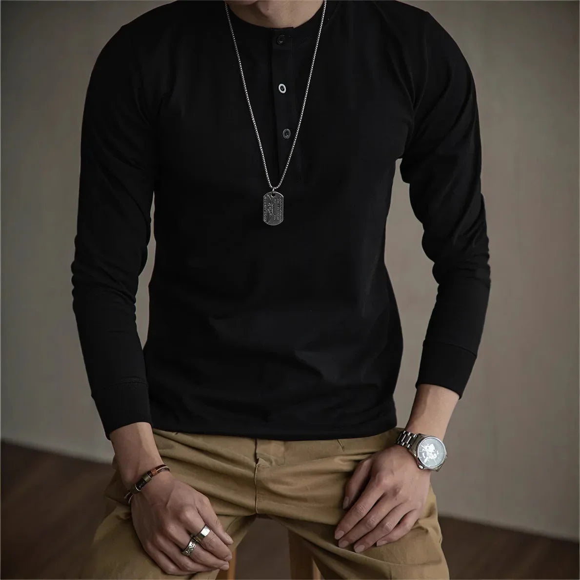 American retro 320g heavy henry shirt slim cotton T-shirt long sleeve loose base shirt click tough guy man autumn