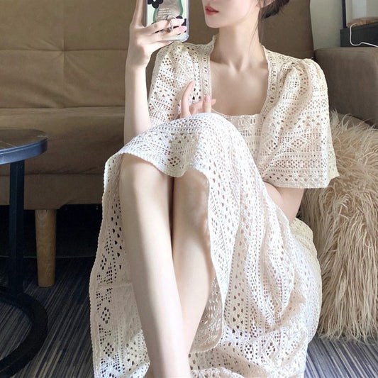 French temperament cut-out lace dress 2024 new summer sister light mature style thin square neck long skirt women