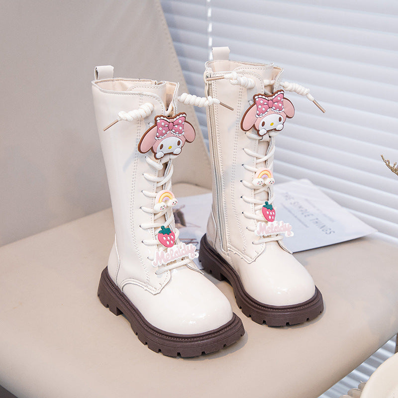 Girls' boots 2025 fall/winter fleece fashion black high boots Korean version of new Martin boots, princess boots leather boots