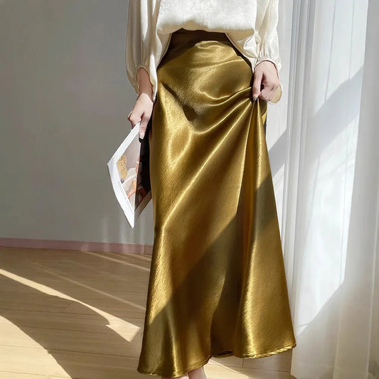 Women's summer high-end silk luster gilt high-waisted A-line hip fishtail skirt triple acetate satin skirt