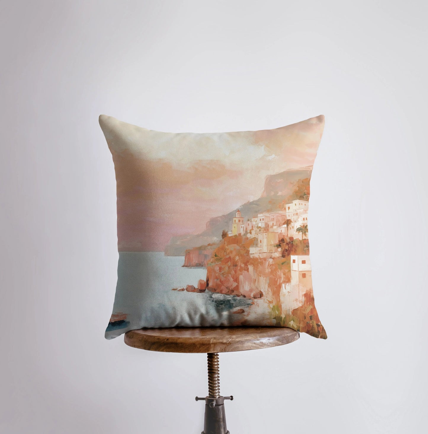 Orange Sunset Town | Coastline | Gouache Painting | Greece | Italy |