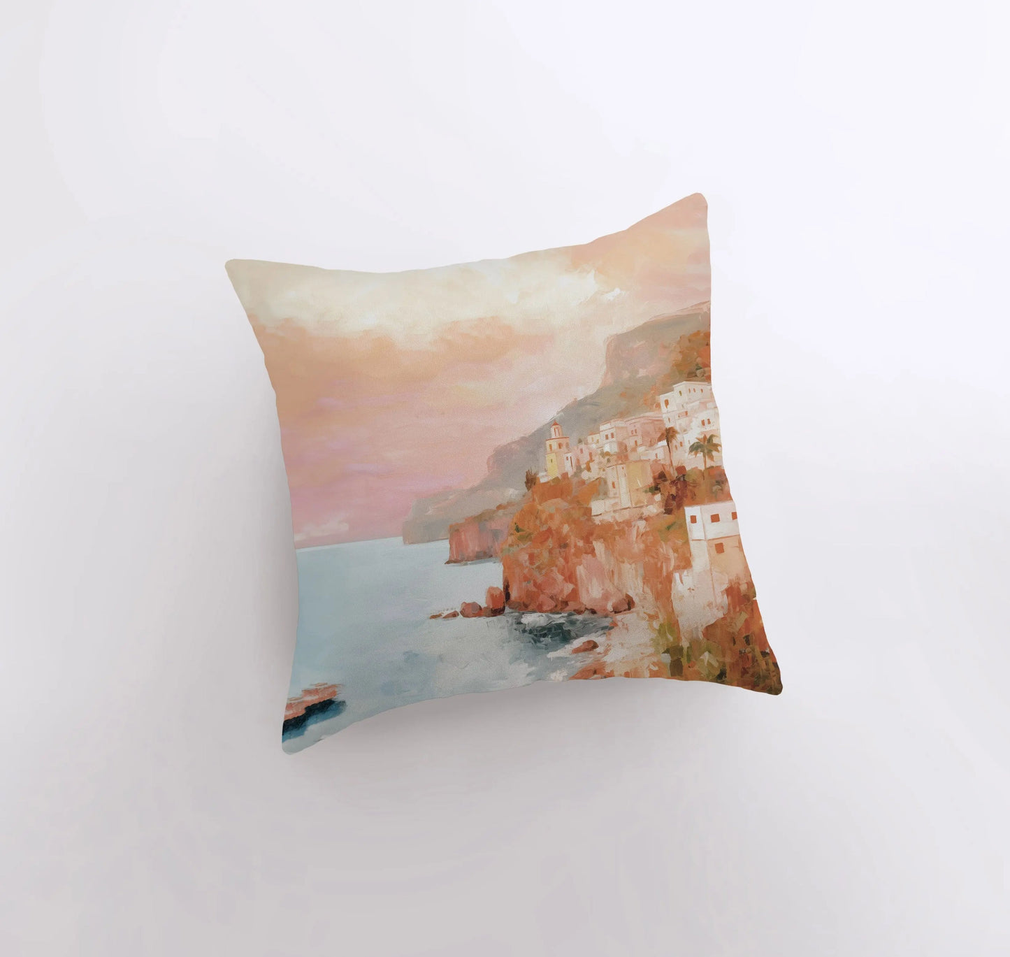 Orange Sunset Town | Coastline | Gouache Painting | Greece | Italy |