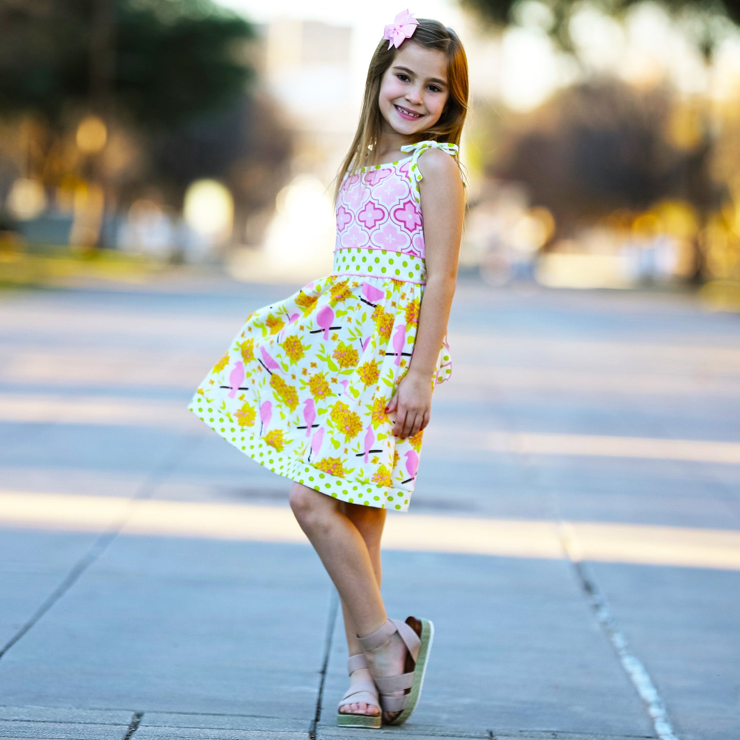 Girls Easter Dress Spring Birds and Pink Arabesque Cotton Knit