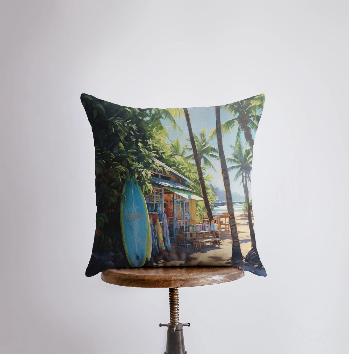 Surf Hut | Gouache Painting | Coast | Surfboard | Palm Tree | Throw