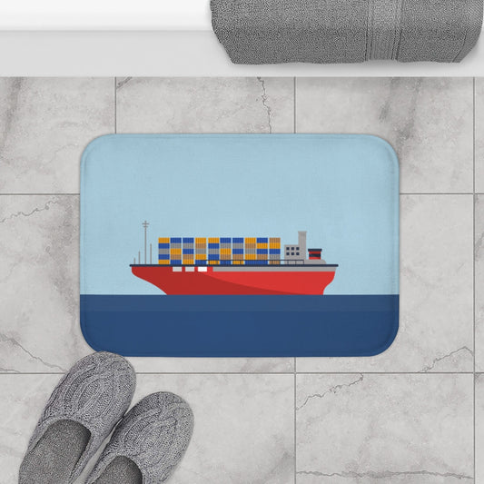 Cargo Ship with Containers in the Ocean Bath Mat