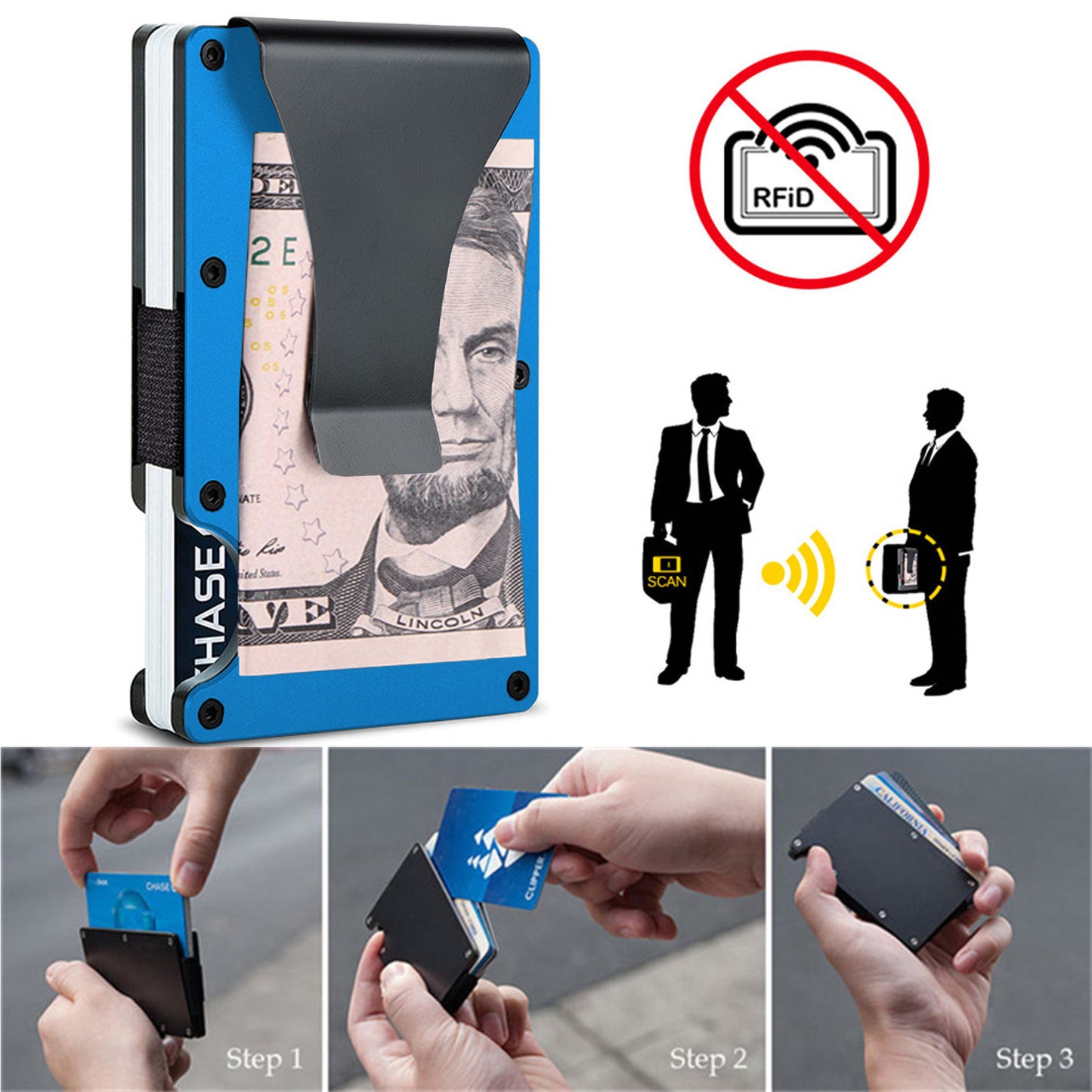 Metal Wallet with Money Clip Front Pocket RFID Card Holder Men Women