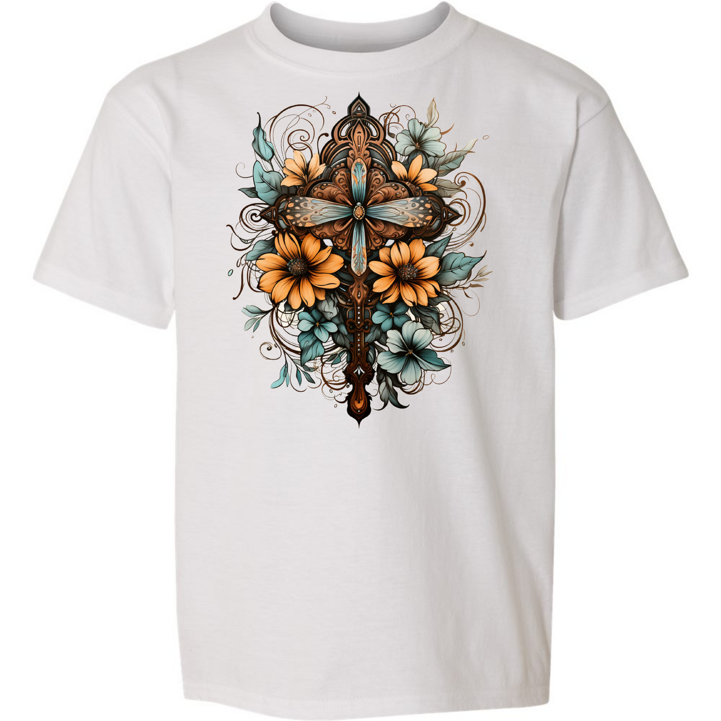 Youth Short Sleeve Graphic T-shirt, Christian Cross Floral Bouquet